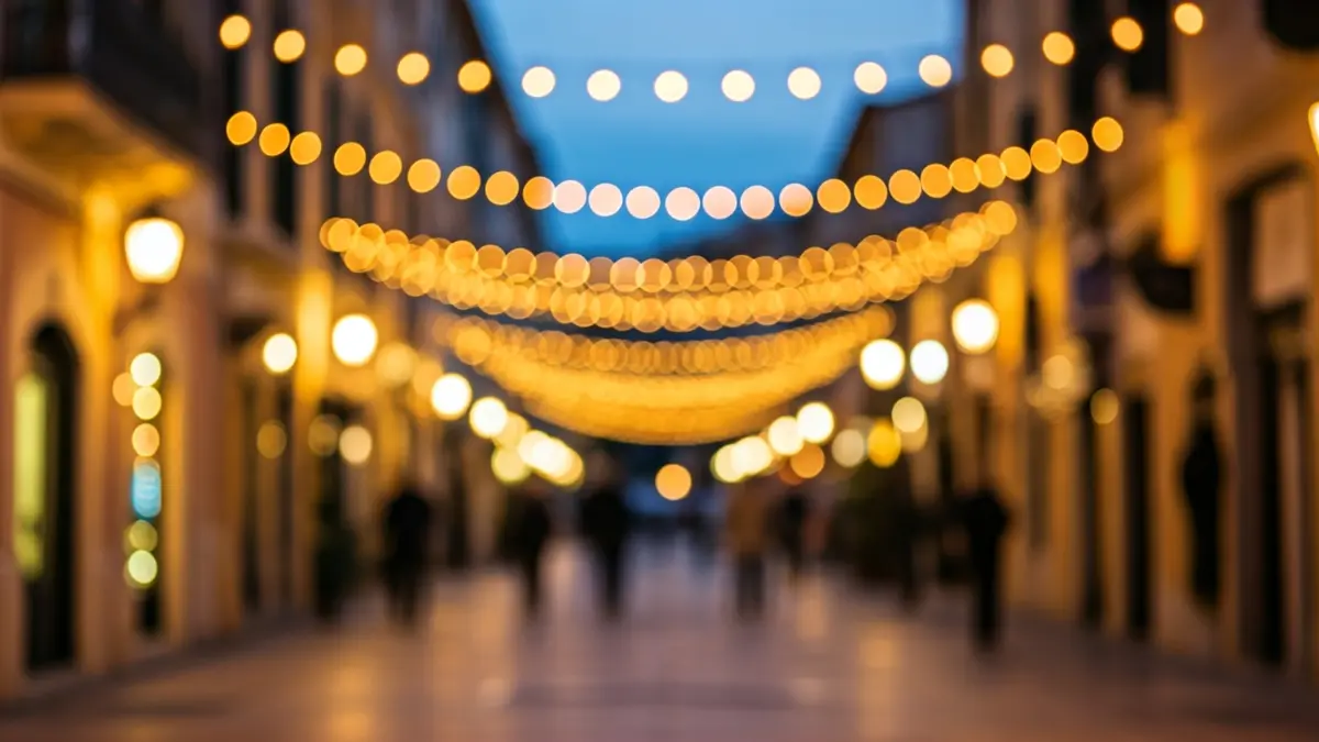 Generic image of a festive street with warm lights and lively atmosphere.