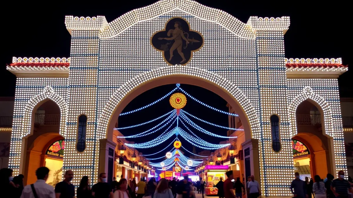 Image of the illuminated entrance of the April Fair in Seville at night.