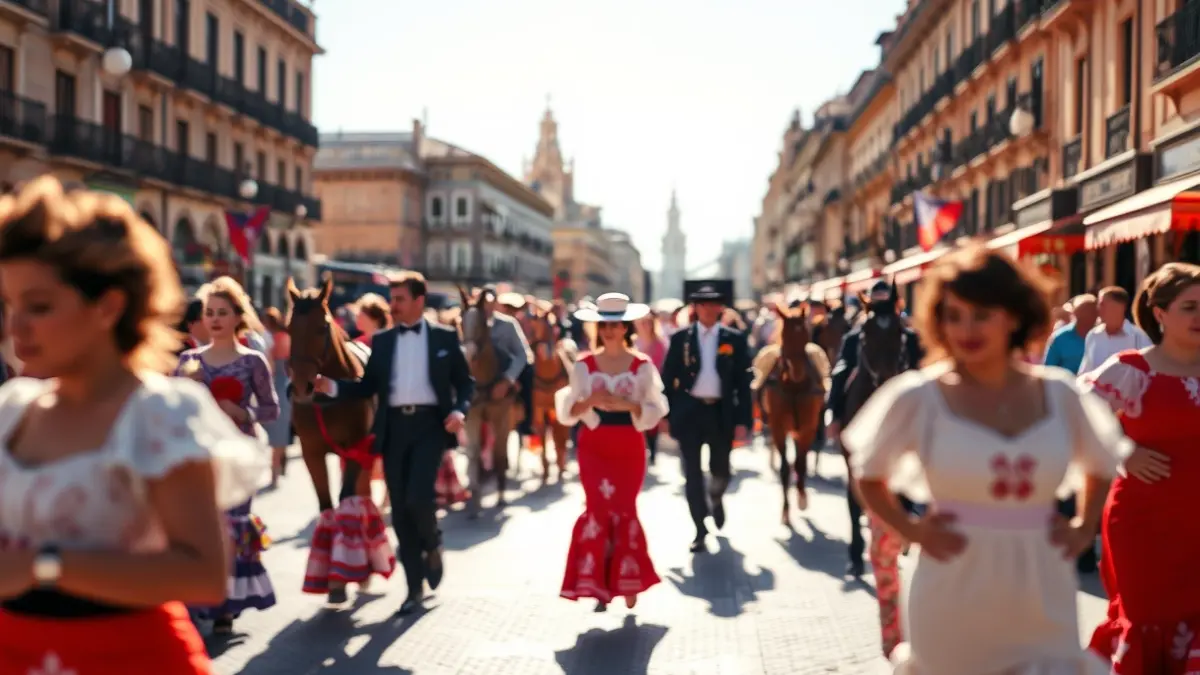 Image of the April Fair in Seville with flamenco dresses and carriages.