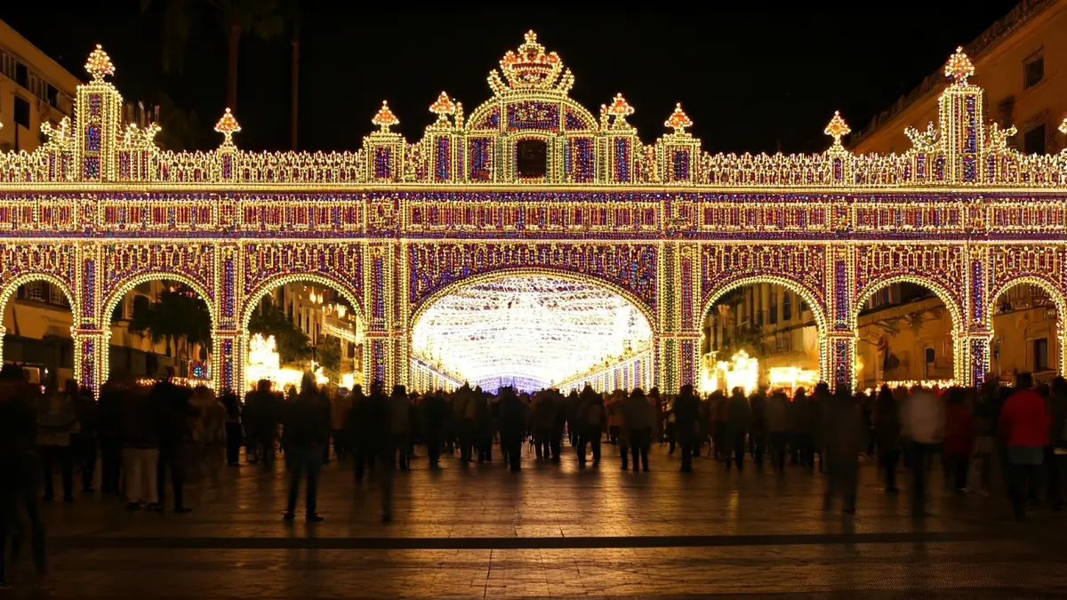 Imagen de la portada iluminada de la Feria de Abril de Sevilla por la noche, con gente en primer plano.