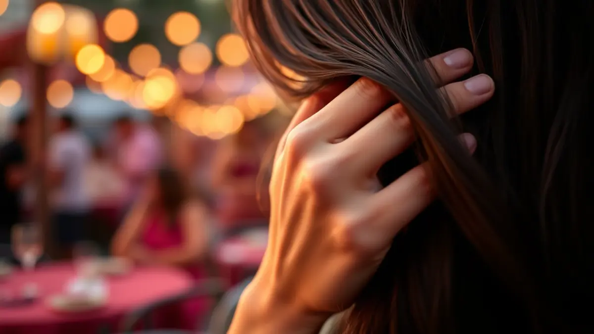 Imagen de una mujer cuidando su cabello, con un fondo que sugiere un ambiente festivo.