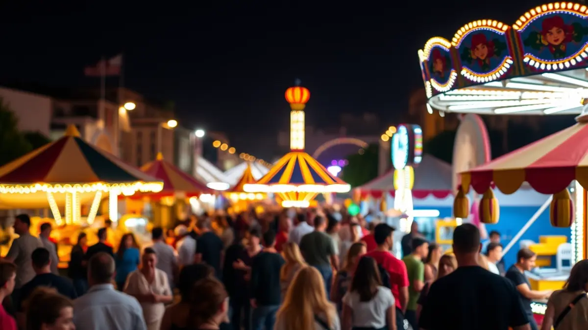 Imagen genérica de una feria nocturna con luces y gente.