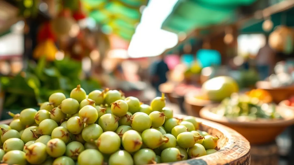 Generic image of fresh fava beans in a wooden bowl, with a blurred market background.