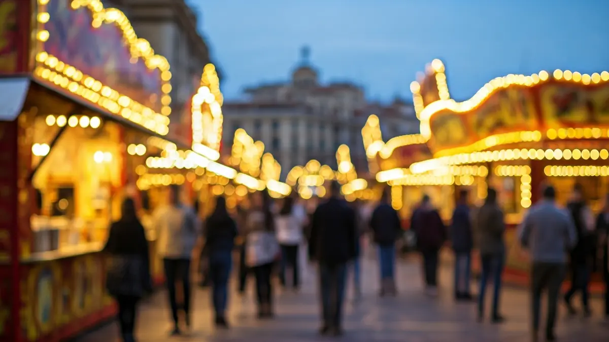 Imagen genérica de un recinto ferial andaluz iluminado al anochecer, con casetas tradicionales y ambiente festivo.
