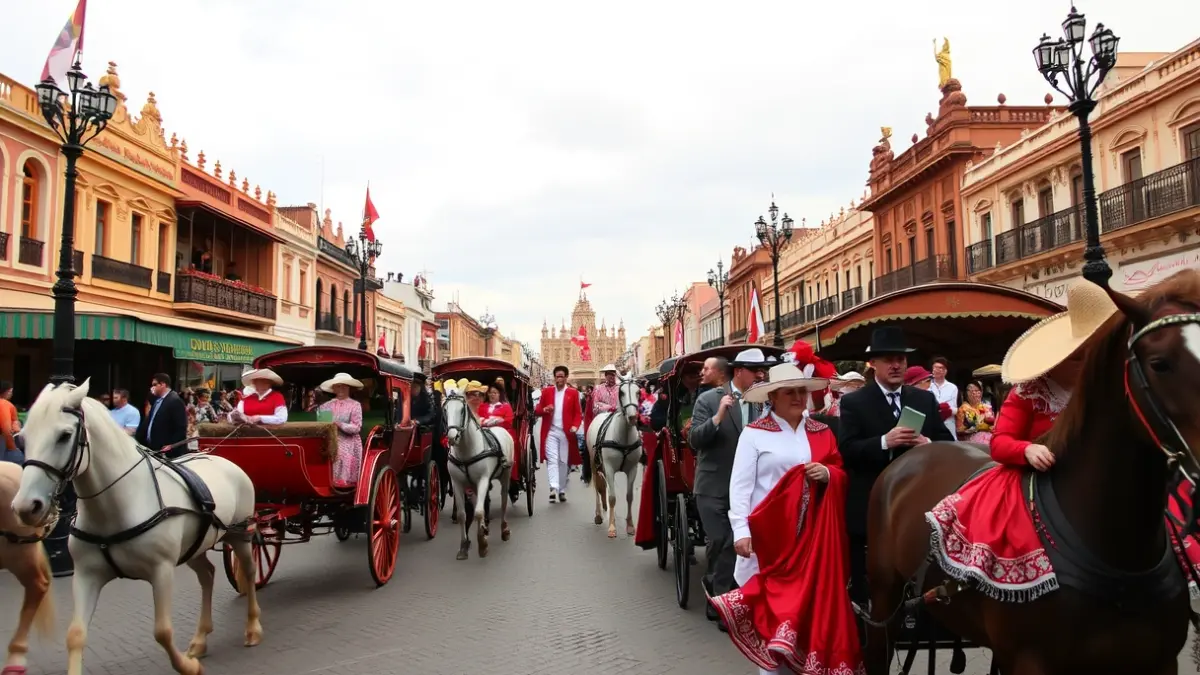 Image of the Feria de Sevilla with horse-drawn carriages and people in flamenco dresses.