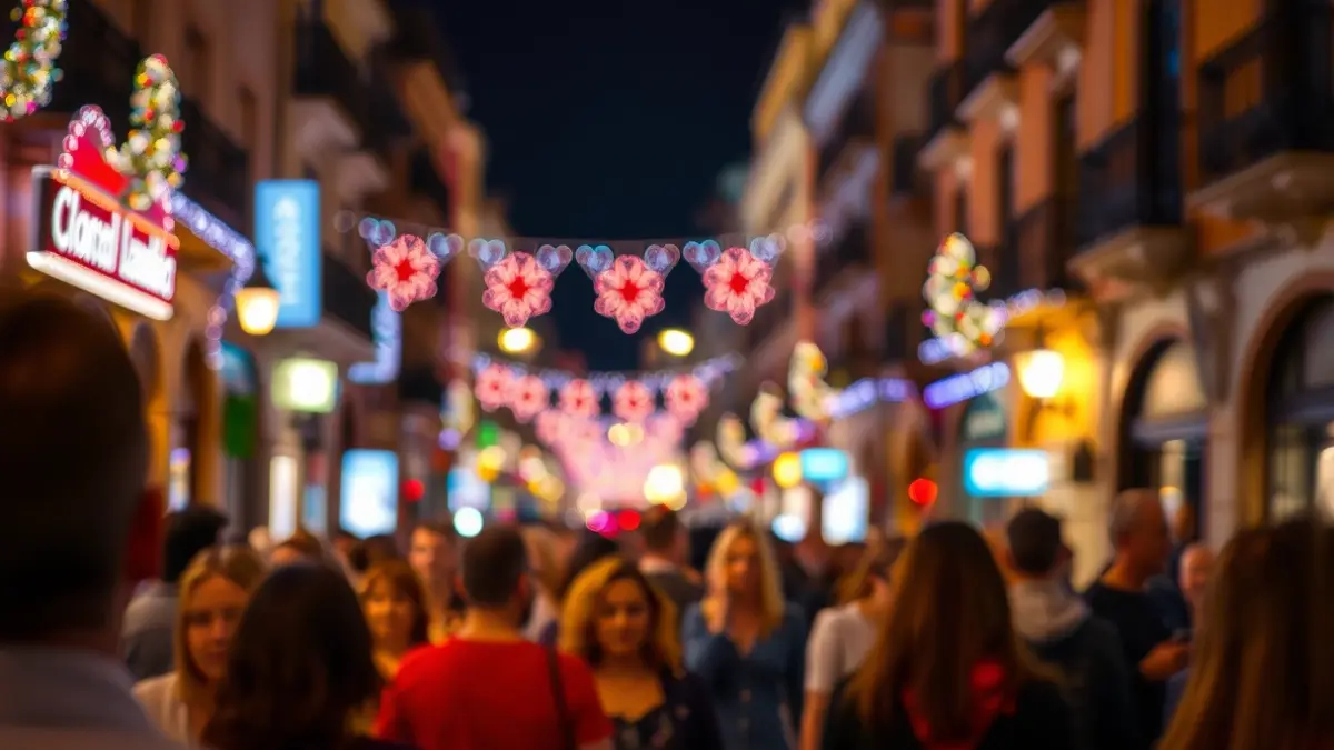 Imagen de la Feria de Sevilla con luces y ambiente festivo.
