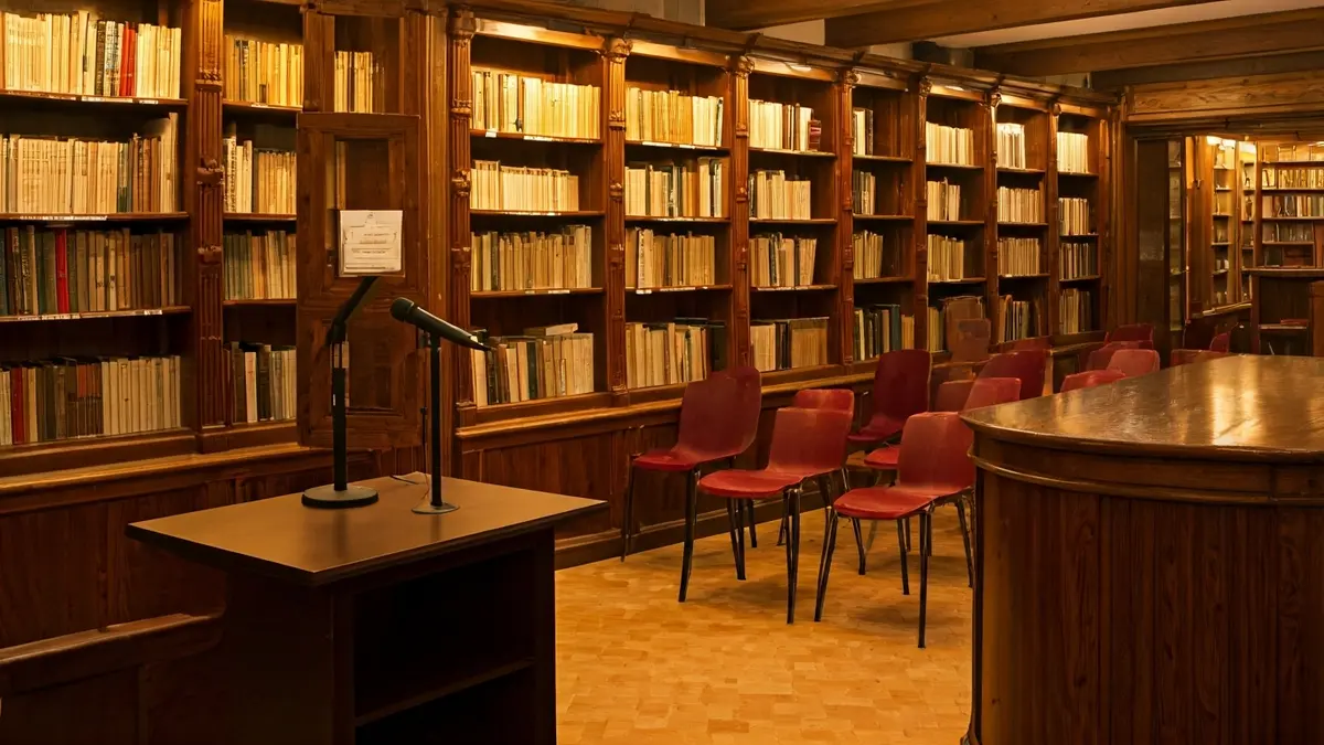 Generic image of a library or reading room interior with bookshelves and a podium.