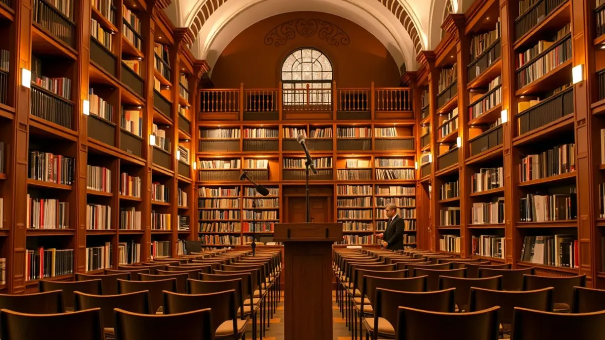 Generic image of a literary setting with bookshelves and a podium.