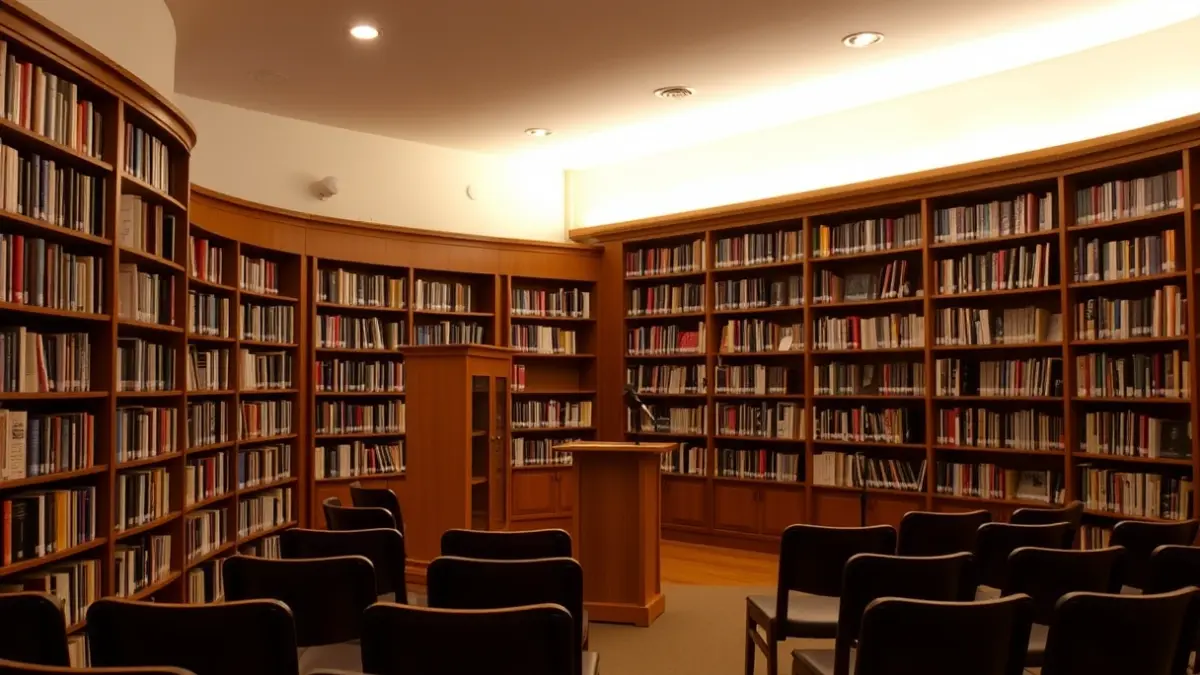 Imagen genérica de un interior de biblioteca con estanterías de madera y un podio.