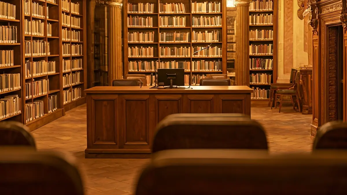 Generic image of a reading or book presentation setting, with bookshelves and a podium.
