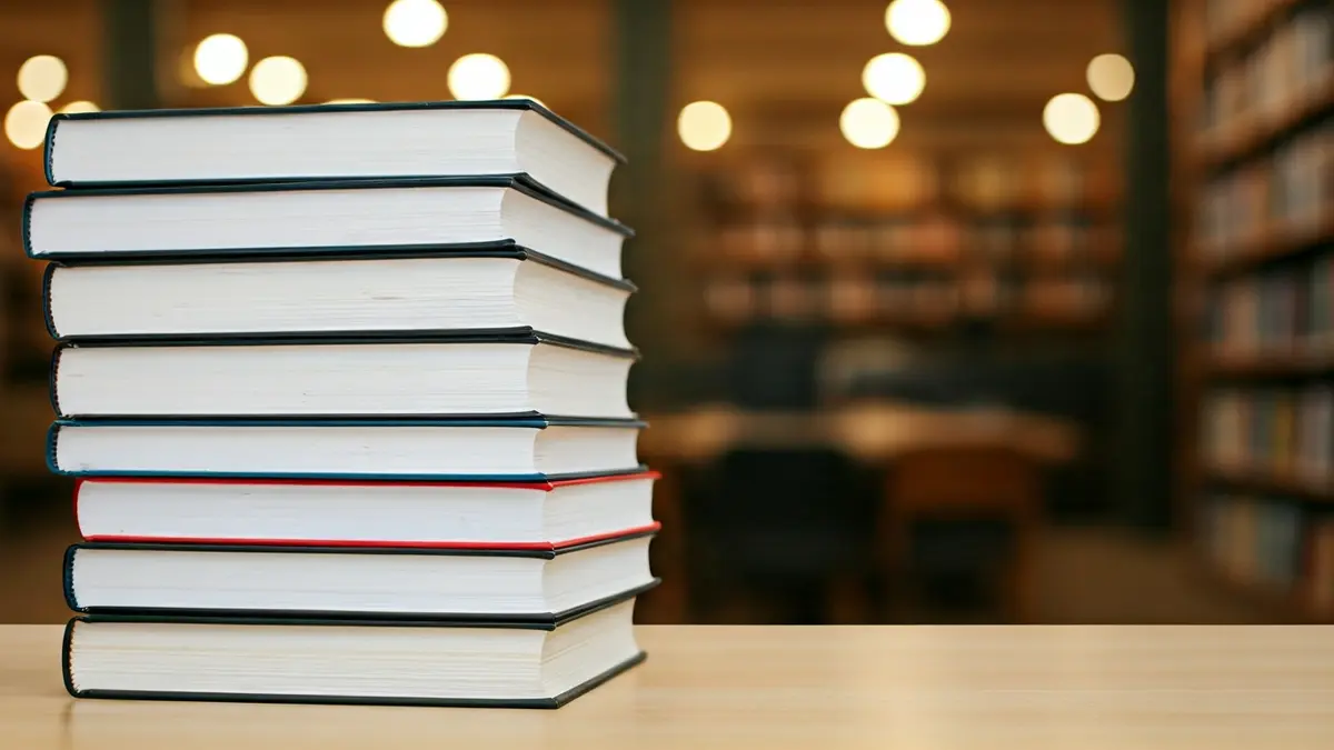 Generic image of books on a table, with a blurred library background.