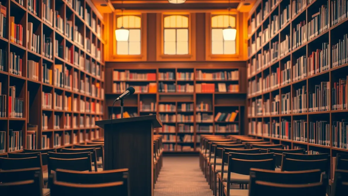 Generic image of a library with a podium and chairs, warmly lit.