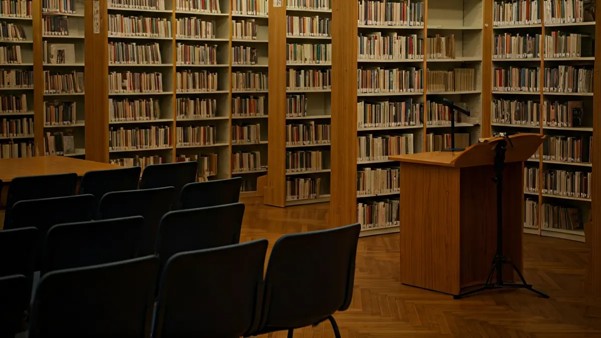 Imagen genérica de un interior de biblioteca o sala de presentaciones literarias.