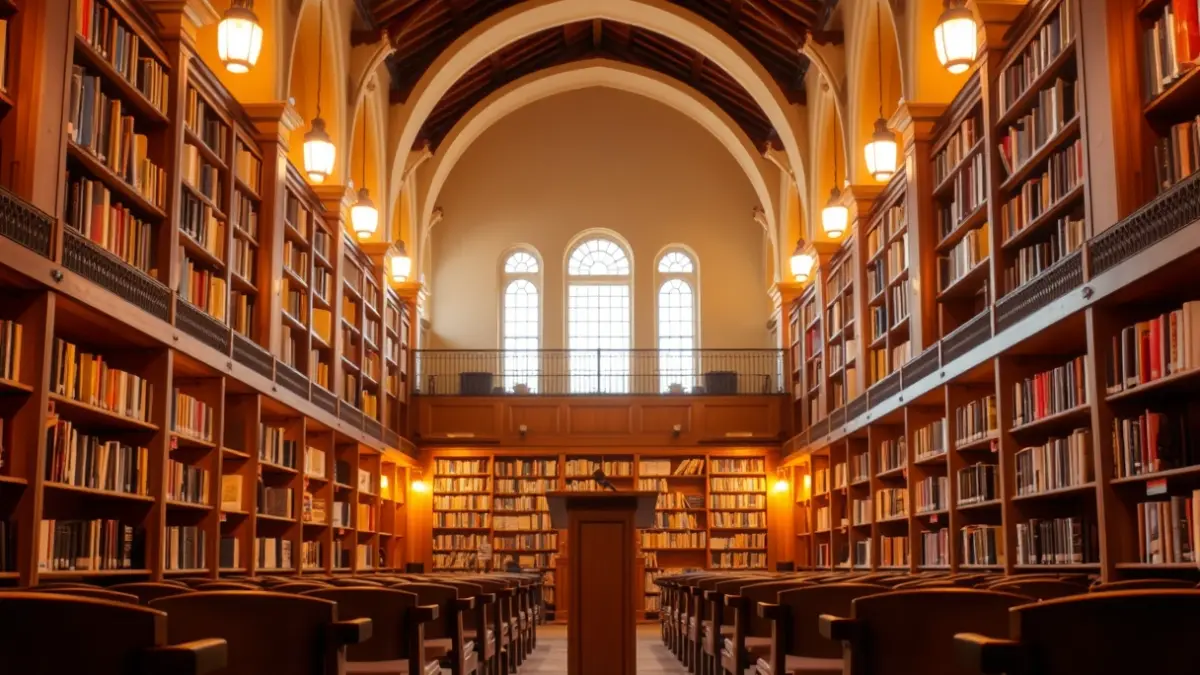 Imagen genérica de un interior de biblioteca con estanterías de madera y un podio con micrófono.