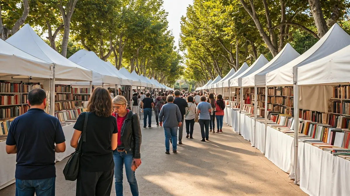 Imagen genérica de una feria del libro al aire libre en un parque.
