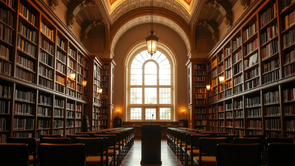 Generic image of a reading or literary presentation space with bookshelves and a podium.