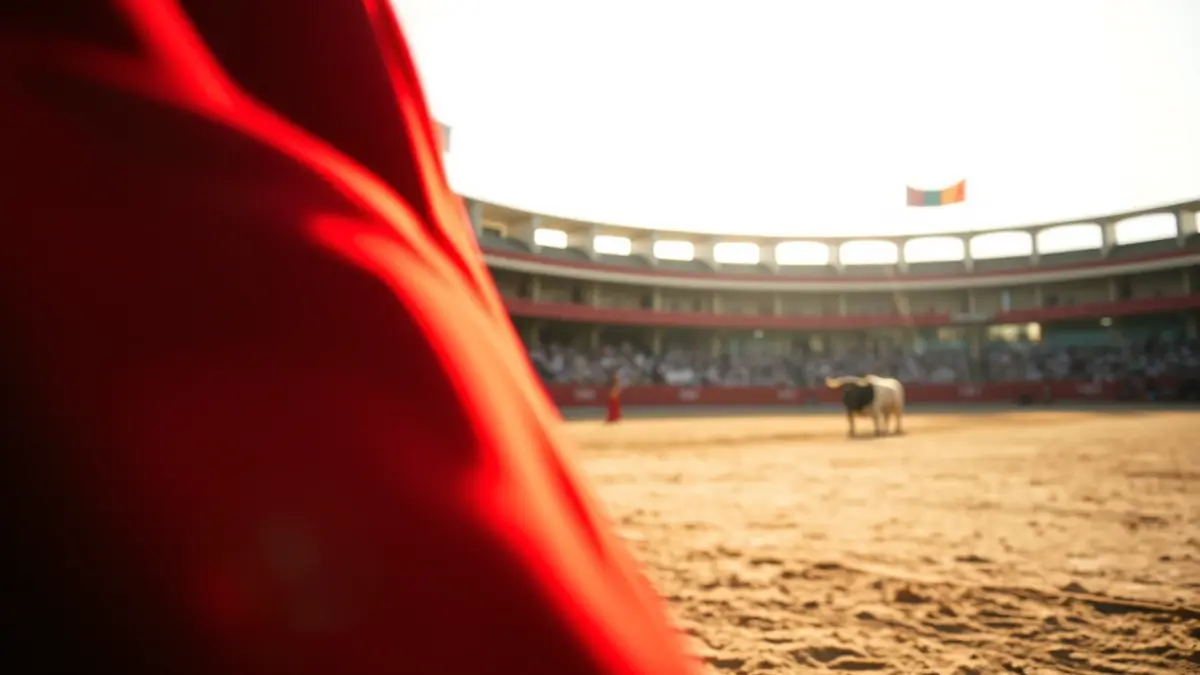 Imagen genérica de la arena de una plaza de toros con un capote rojo.