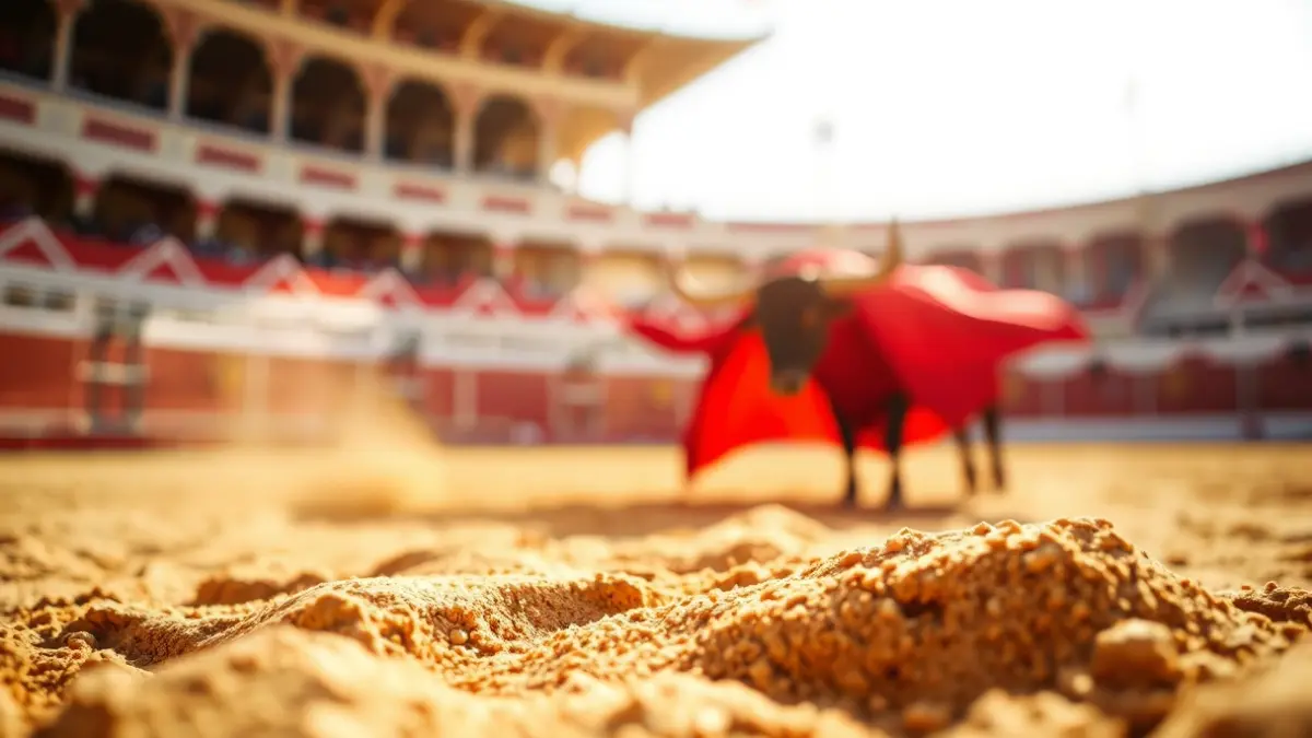 Generic image of a bullring's sand with a blurred red cape.