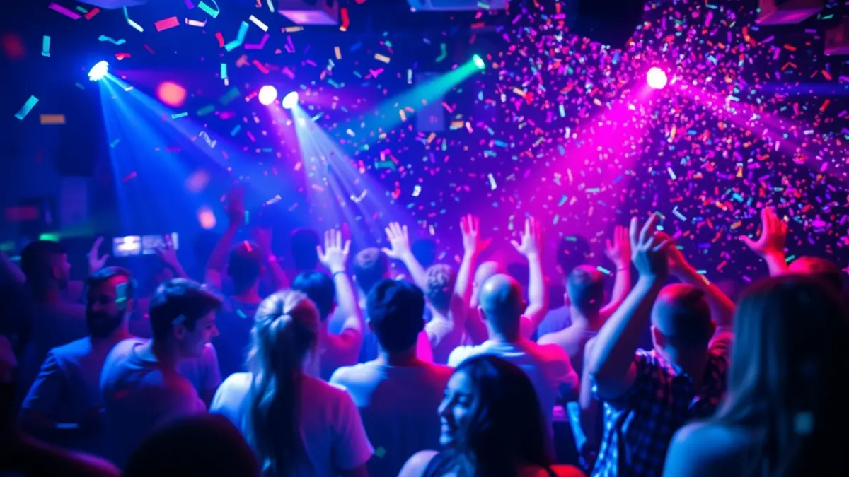 Imagen genérica de una fiesta con luces de colores y confeti.