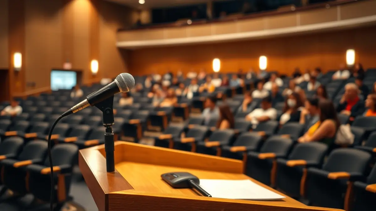 Generic image of a microphone on a podium in a university lecture hall, symbolizing a political debate.