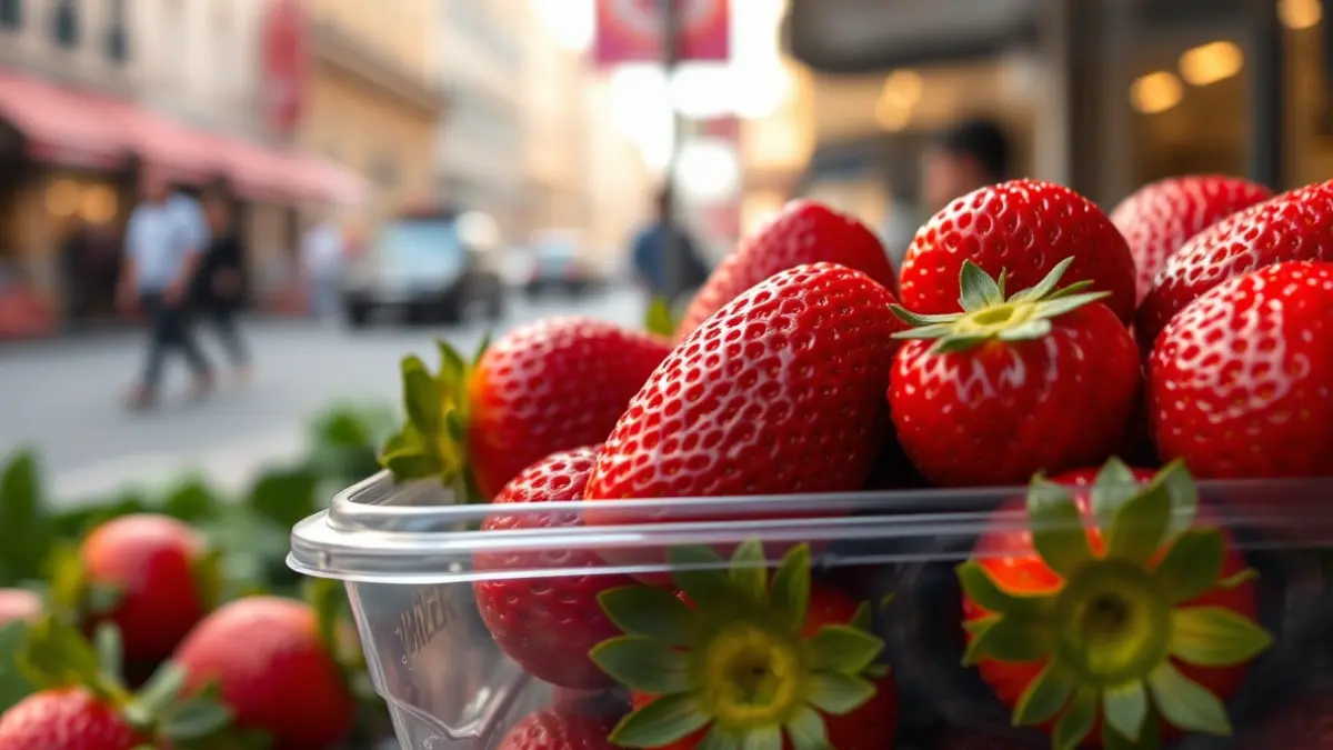 Generic image of fresh strawberries in a punnet, with a blurred urban background.