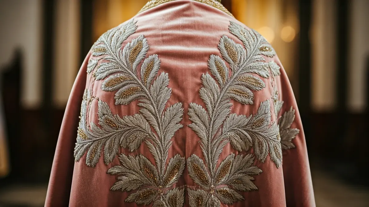 Manto de terciopelo rosa empolvado con bordados de plata y oro.