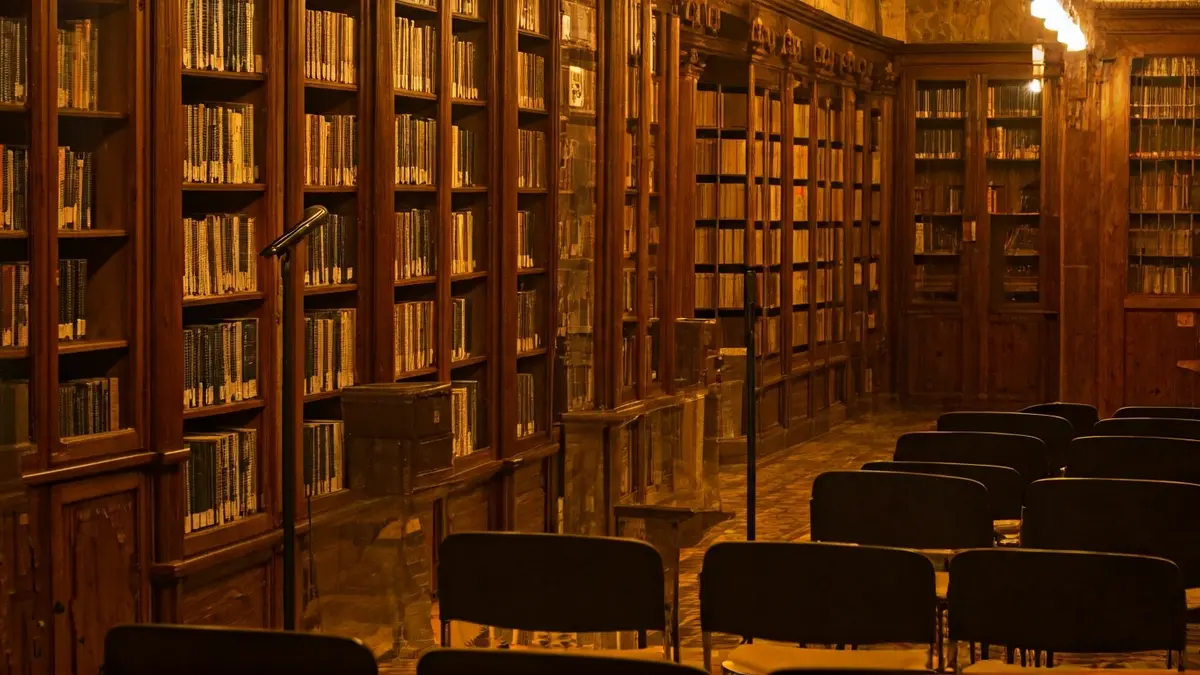 Imagen genérica de un interior de biblioteca o sala de exposiciones con iluminación cálida.