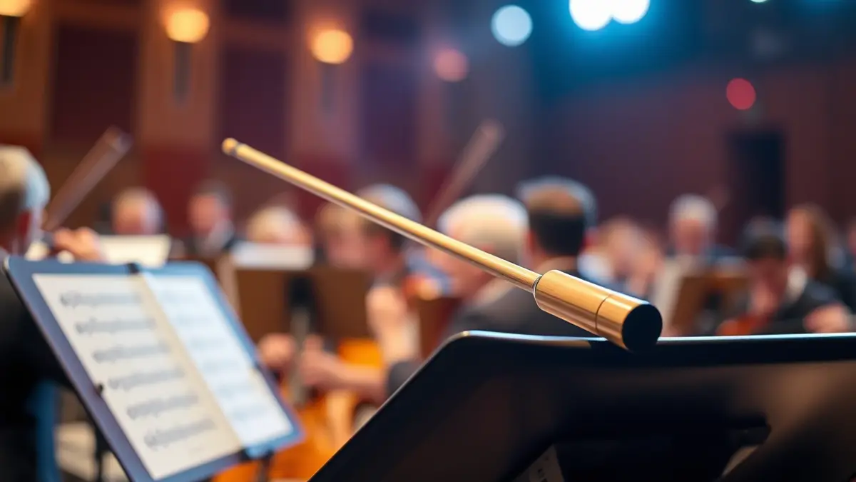 Generic image of a conductor's baton on a music stand, with blurred musical instruments in the background.