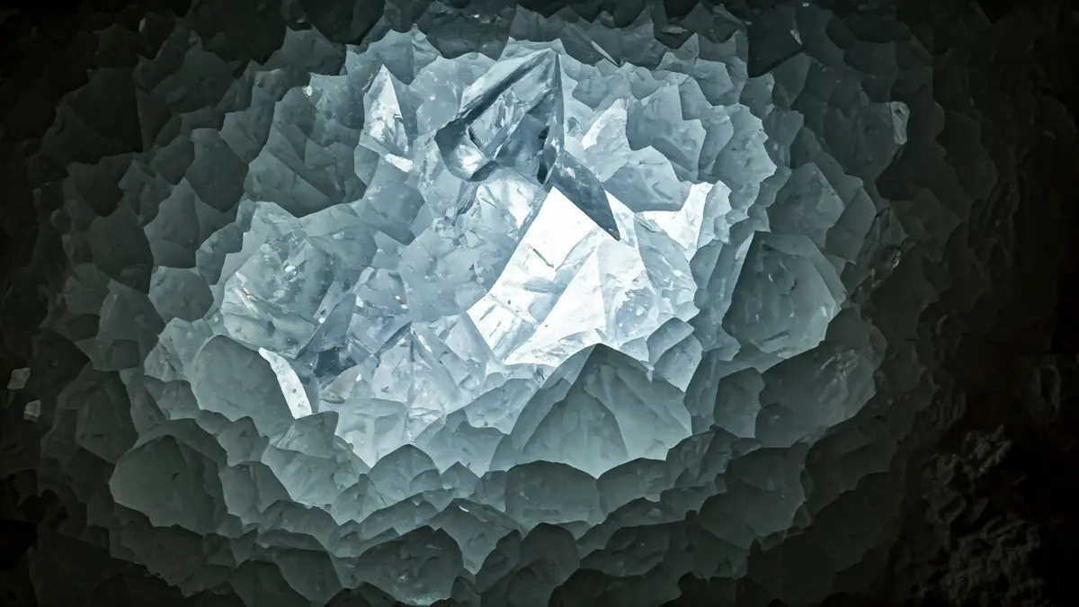 Image of gypsum crystals inside a geode, with a bluish-white glow.