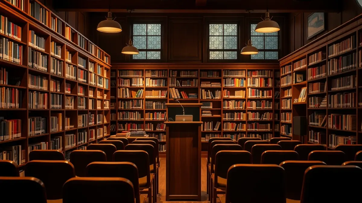 Imagen genérica de un escenario de ensayo o sala de conciertos con un micrófono y sillas vacías, con una atmósfera cálida y luces suaves.