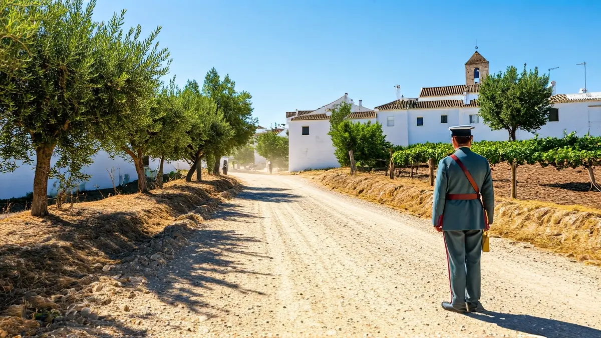 Imagen histórica de un guardia civil del siglo XIX en un camino rural andaluz.