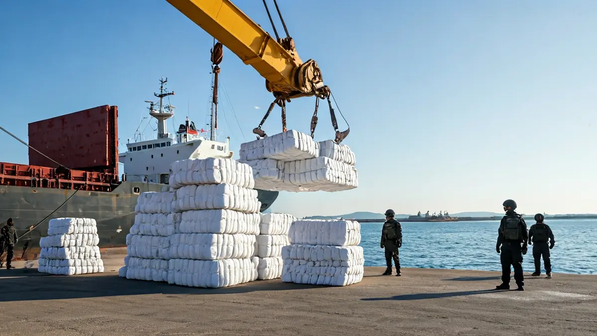 Imagen de fardos de droga siendo descargados en el puerto de Huelva.