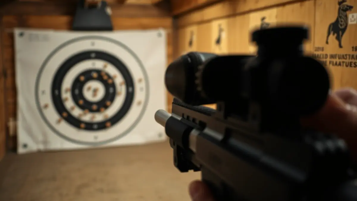 Imagen genérica de un blanco de tiro con impactos de bala y un arma desenfocada.