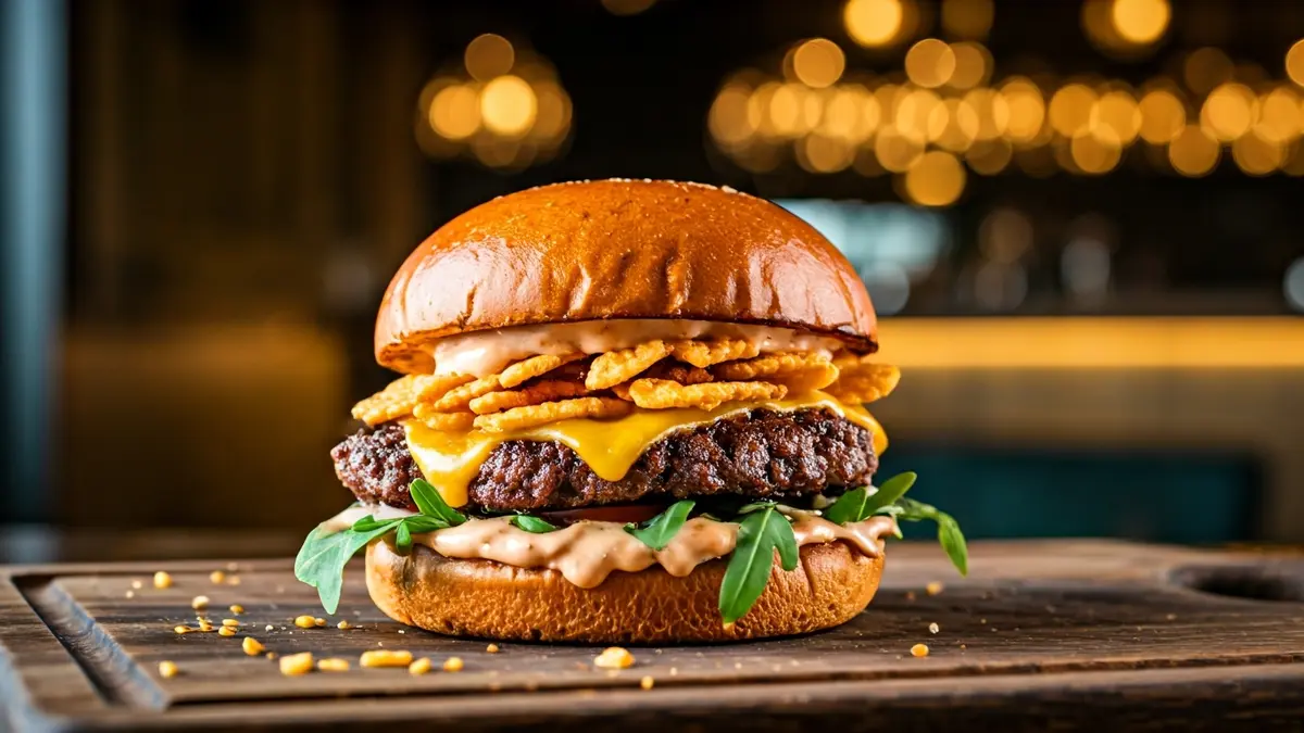 Hamburguesa gourmet con chicharrones en un restaurante de Algeciras