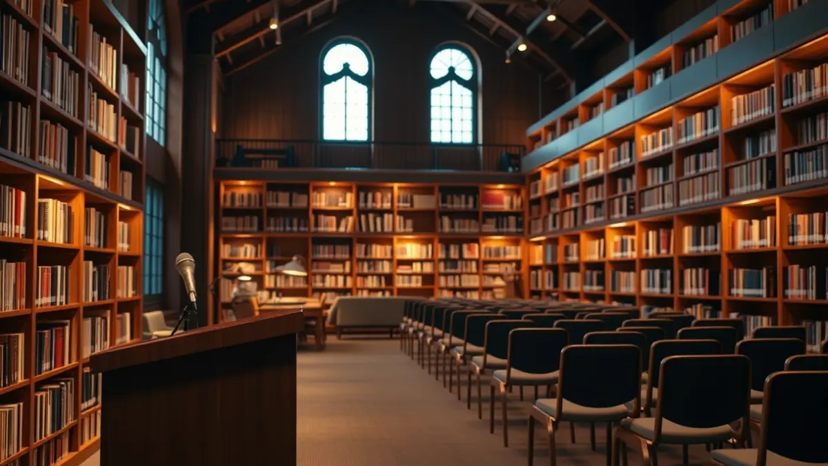 Generic image of a library interior with wooden bookshelves and a podium with a microphone, lit with warm light.