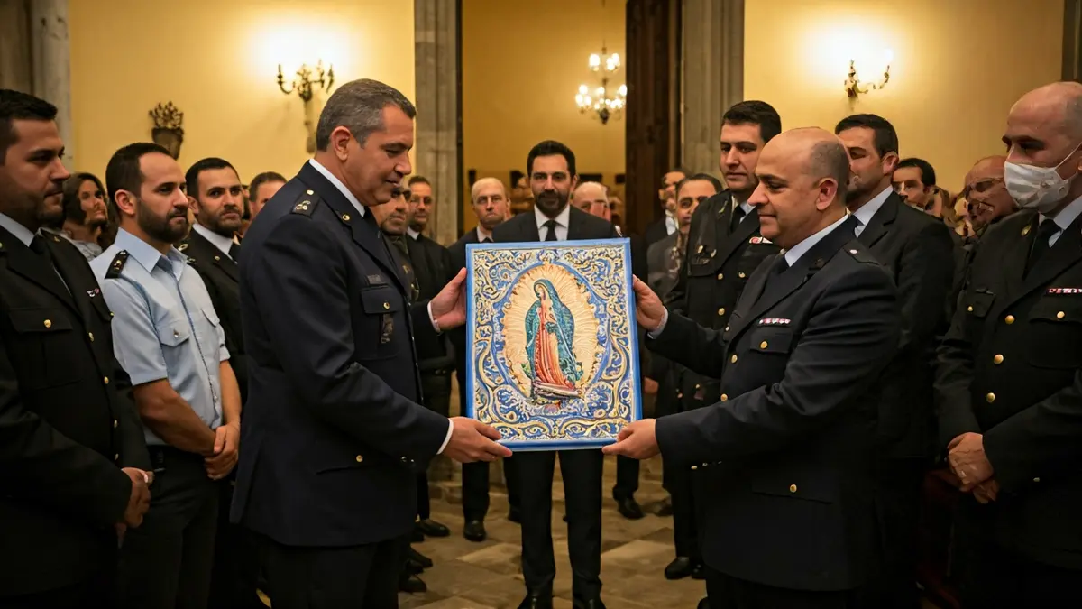 Representación de la entrega de un azulejo de la Virgen de la Paz a la Policía Local de San Fernando.