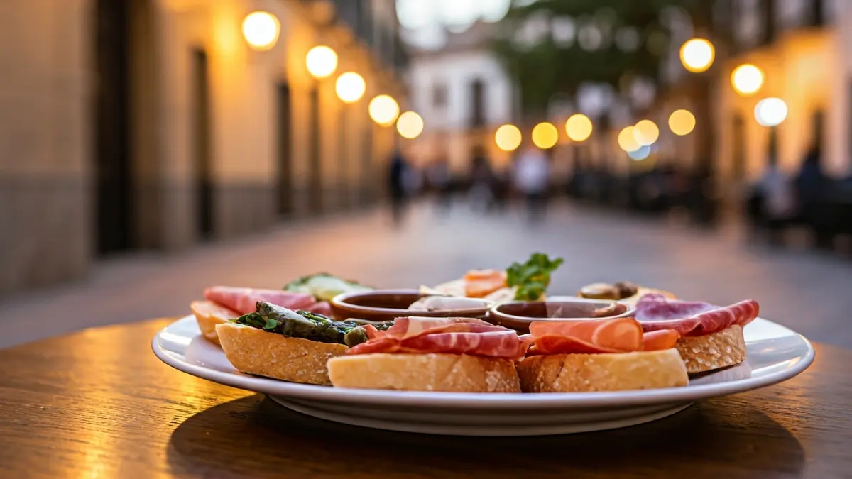 Generic image of tapas on a hospitality table, with a blurred urban background.