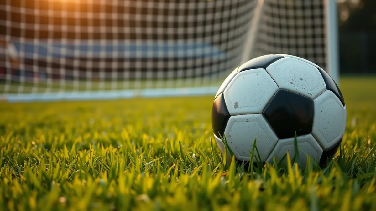 Imagen genérica de un balón de fútbol sobre el césped de un campo, con la portería desenfocada al fondo.