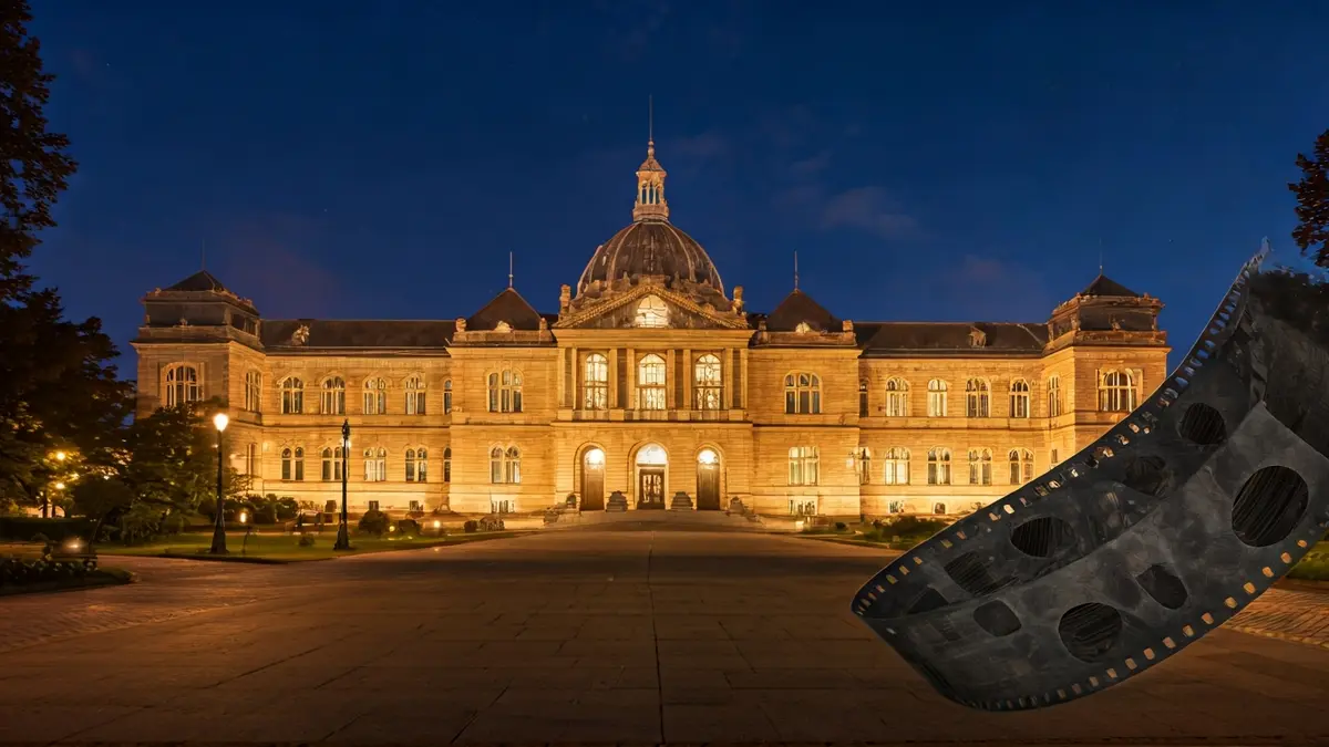 Generic image of a film reel with blurred university buildings in the background.