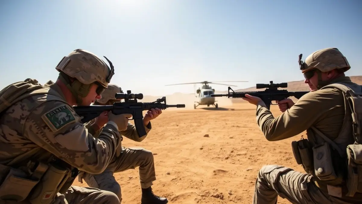 Maniobras militares de precisión en un campo de adiestramiento.