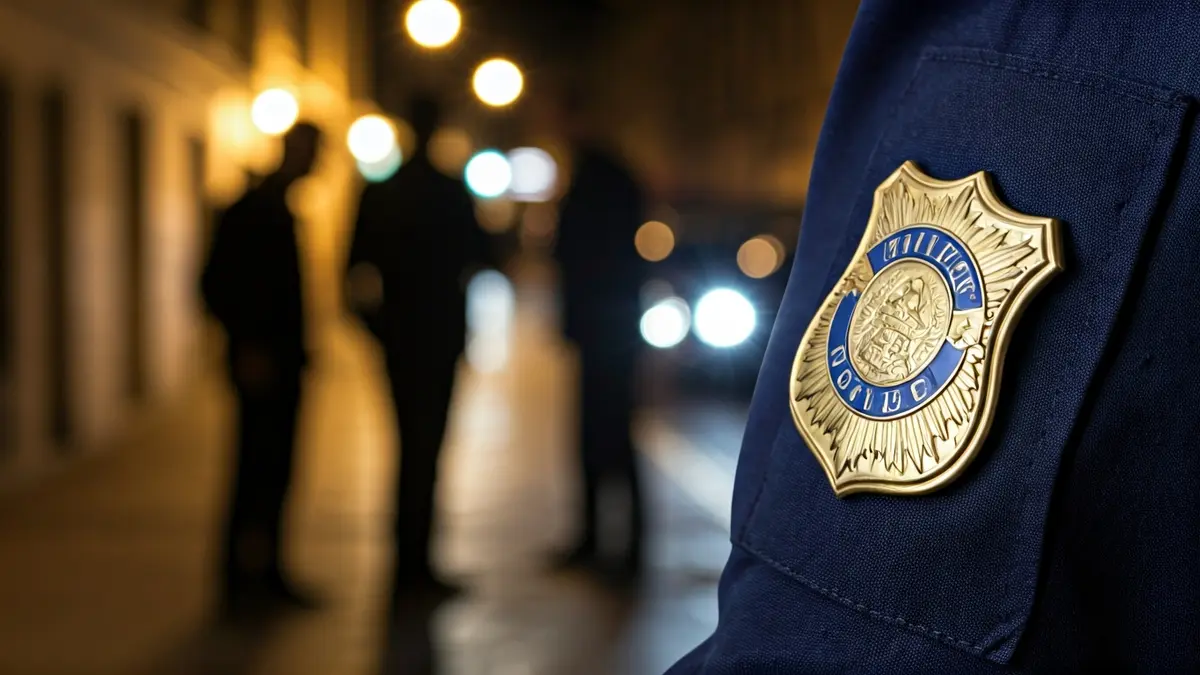 Image of a police badge on a uniform, with blurred figures in the background, suggesting police corruption.
