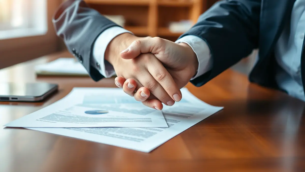 Generic image of a business agreement or collaboration, with two hands shaking over a desk.