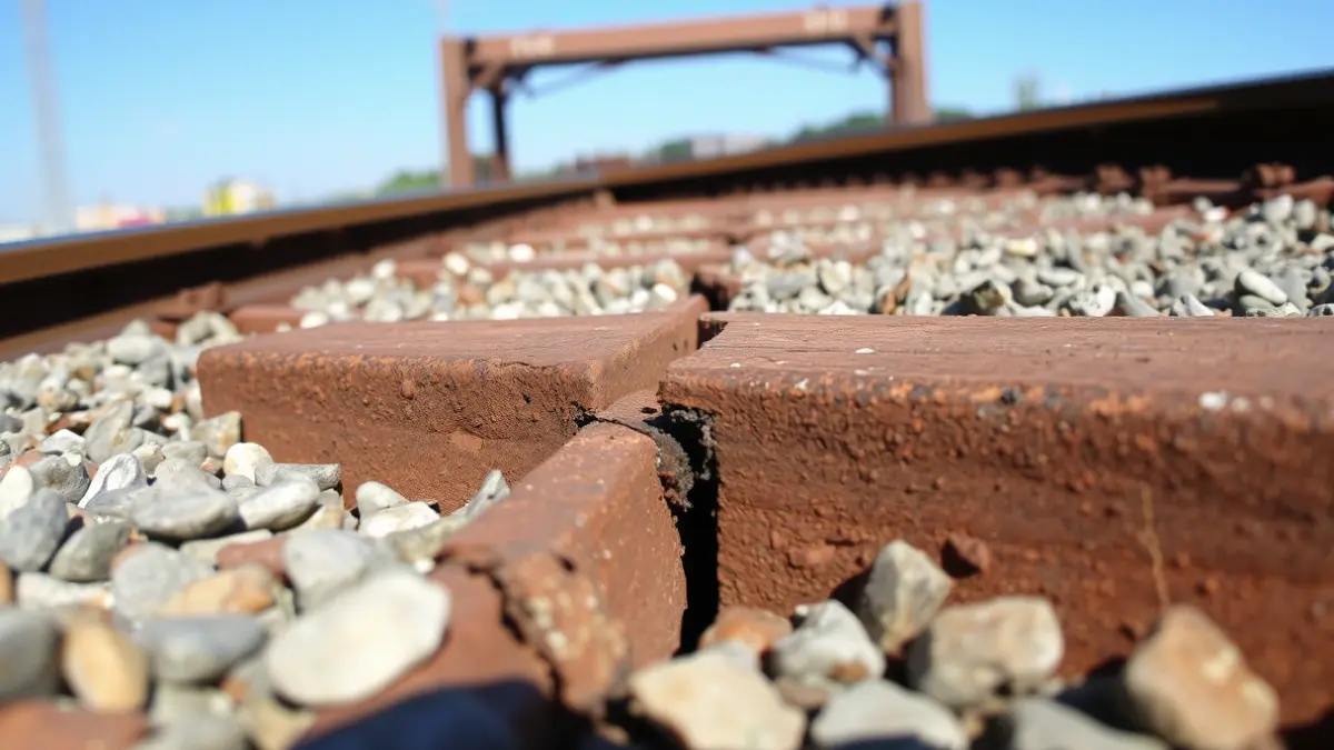 Image of a train rail with a fracture or faulty weld.