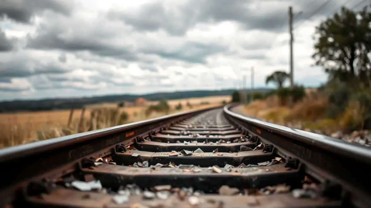Train tracks with debris, rural Andalusian landscape in the background.