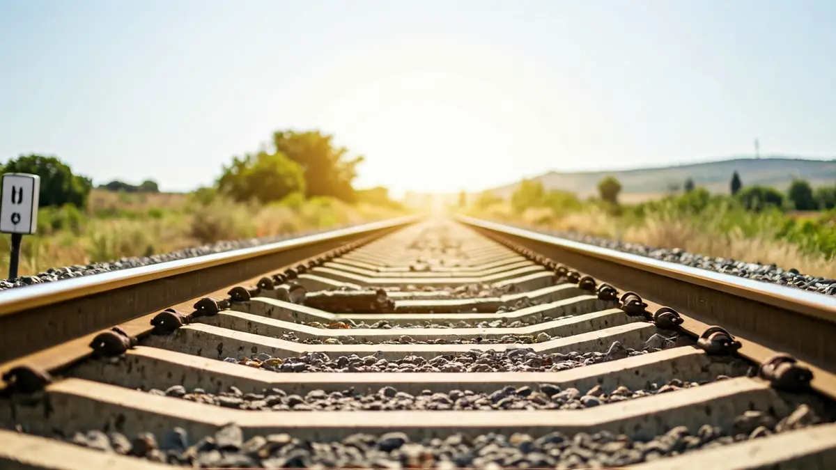 Vía de tren con una rotura visible en un paisaje rural andaluz.