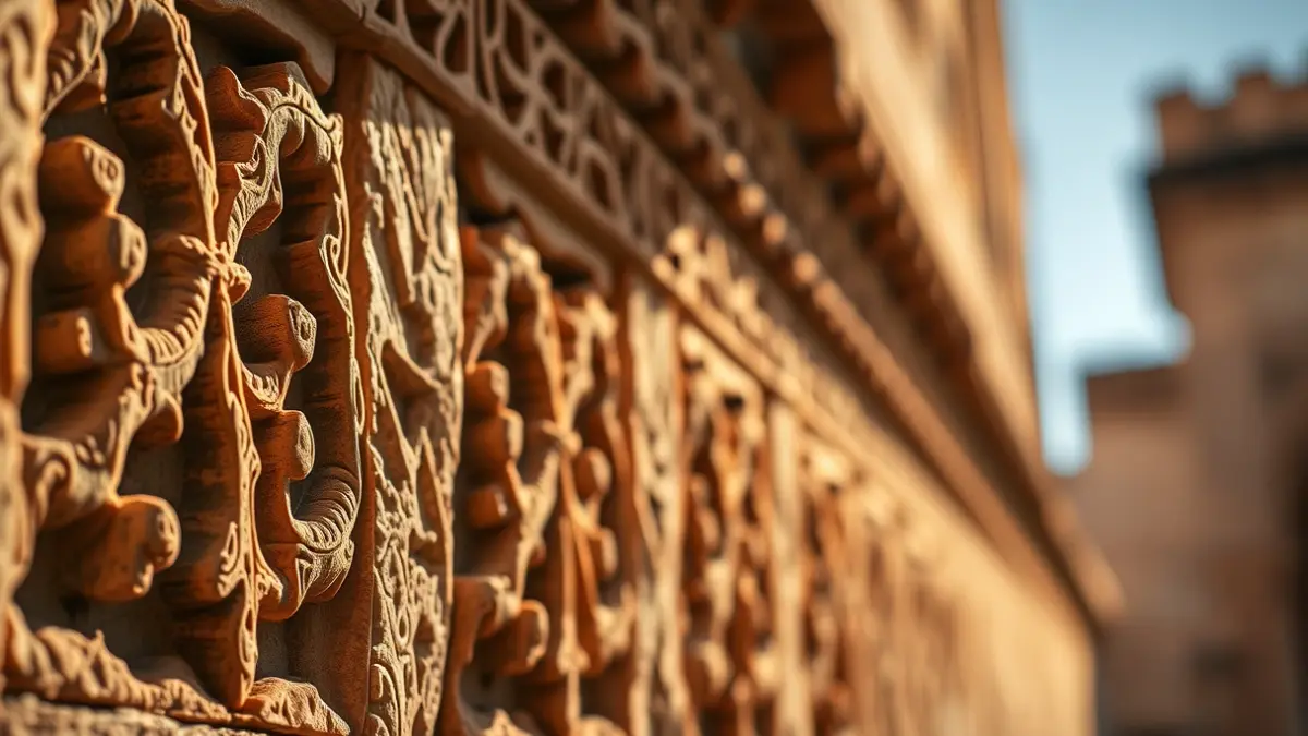 Detalle de una pared de piedra con tallas moriscas en la Alhambra, Granada.