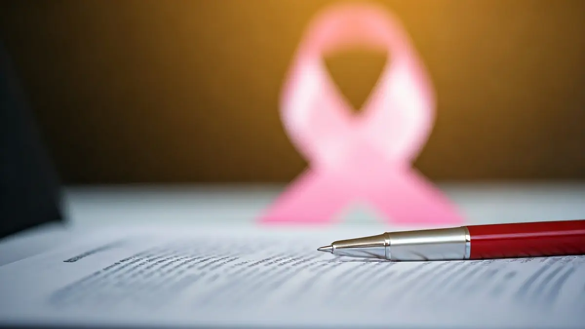 Imagen de un documento médico con un lazo rosa de concienciación sobre el cáncer de mama.