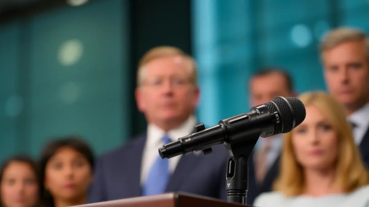 Generic image of a microphone on a podium during a press conference.