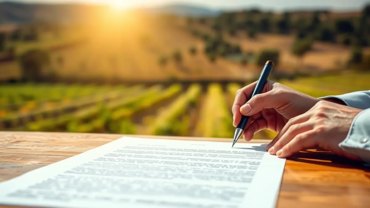 Hands signing documents with an Andalusian rural landscape in the background, symbolizing land regularization.