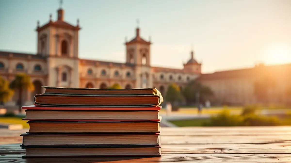 Imagen genérica de libros académicos en un escritorio, con edificios universitarios desenfocados al fondo.